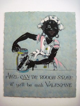 Vintage Black Americana Hand Painted Valentine Card W/ Woman & Rolling Pin