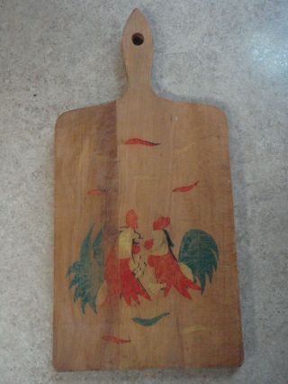 Vintage Cutting Board With Handle Wood Roosters Chicken Pennsylvania Dutch Paint