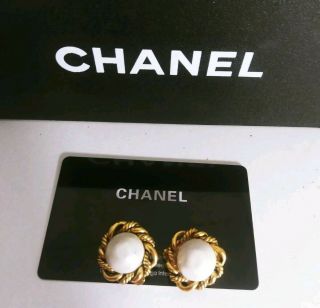 Authentic Rare Vintage Chanel Cc Logo Gold White Pearl Round Hoop Clip Earrings