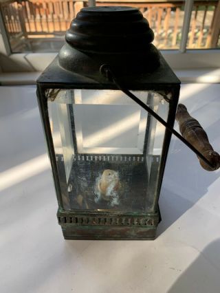 Vintage 1800’s Brass Lantern Glass Wood Handle 3