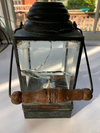 Vintage 1800’s Brass Lantern Glass Wood Handle 4