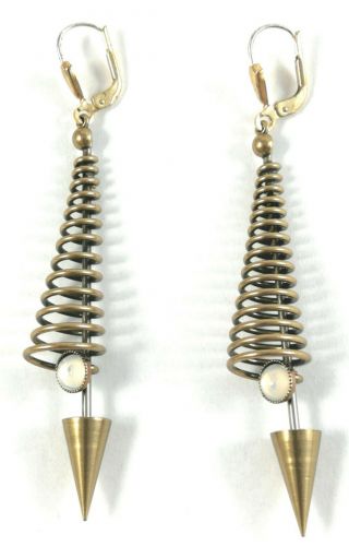 Earrings Mcm Vintage Mid Century Modernist Abstract Tone Metal Glass Silver Hook