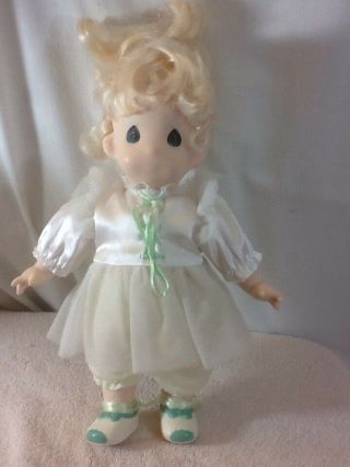 Collectible Vintage Precious Moments Blond Hair Green Eyes Doll W/white Dress