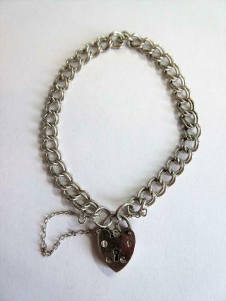 Vintage Sterling Silver Charm Bracelet With Heart Shaped Padlock Clasp - 9.  5g