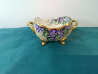 Vintage Hand Painted Oval Shape Footed Candy Bowl - Scalloped Rim Trimmed In Gold