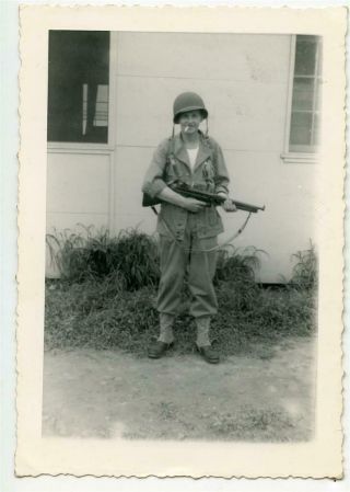 Cigarette Smoking Wwii Soldier Holds Thompson Sub - Machine Gun Vtg 1940s Photo