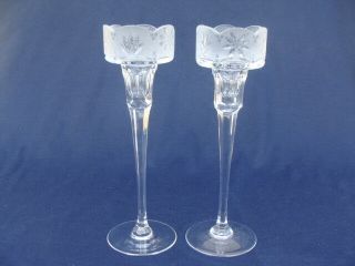 Vintage Cut Etched Crystal Glass,  2 Tall Votive Pillar Candle Holders,  10 ",