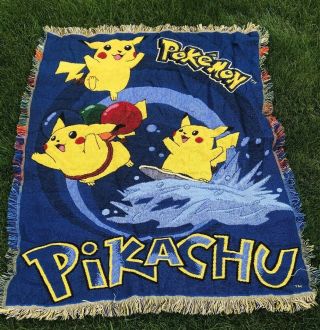 Pokemon Vintage Throw Blanket Tapestry Pikachu Surfing 44x52 Knit 1999 Nintendo