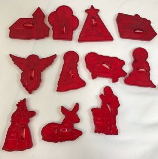 Vintage Hrm Red Plastic Cookie Cutters Set Of 11 Nativity Creche Christmas