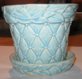 Vintage Mccoy Art Pottery Flower Pot Planter Light Blue Glaze Quilted Diamond