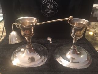 International Silver Co.  / Vtg Pair Candle Holders & Snuffer/silver Plate