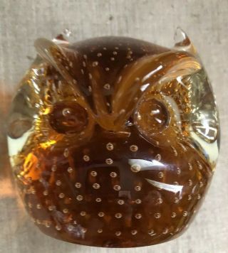 Vintage Pilgram Amber Art Glass Owl Paperweight Controlled Bubbles