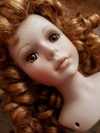 Vtg Porcelain Lady Half Doll Head Bust 4 1/2 " Copper Red Curly Wig