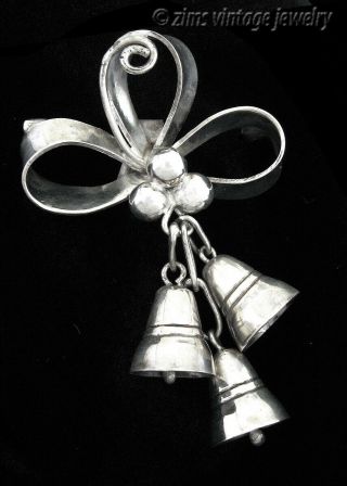 Vintage Old Taxco Mexican Sterling Silver Bow Berry Bell Charm Dangle Pin Brooch