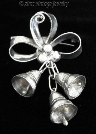 Vintage old Taxco MEXICAN Sterling silver Bow berry BELL charm dangle PIN brooch 2