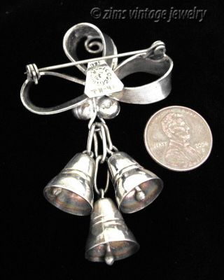 Vintage old Taxco MEXICAN Sterling silver Bow berry BELL charm dangle PIN brooch 3