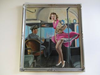 Vintage Antique Old Americana Painting Woman Model W Dress Pop Large Urban Bus