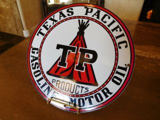 Vintage Texas Pacific Gasoline Motor Oil Sign 11 3/4