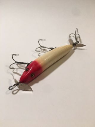 Vintage Heddon 3 Hook Sos Wounded Minnow Glass Eyes Red And White Old Bait