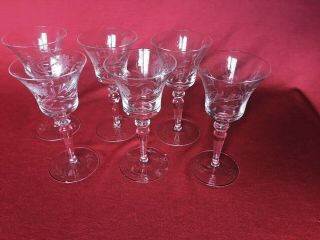 Set Of 6 - Etched Glass Wine Glasses Floral Pattern Clear Vintage