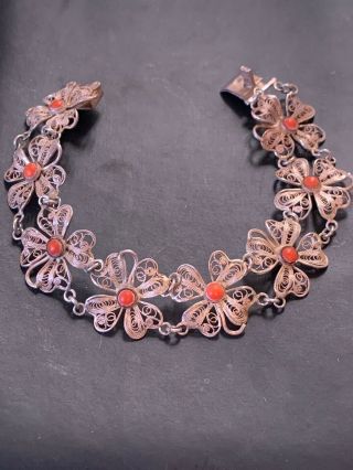 Lovely Vintage Chinese Export Silver Filigree Coral Flower Bracelet