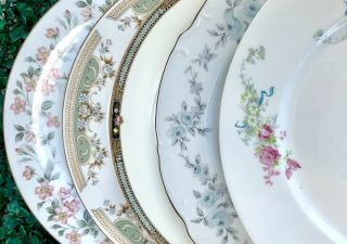 Set/5 Vintage Mismatched China Dinner Plates Pink & Blue Floral Flawed