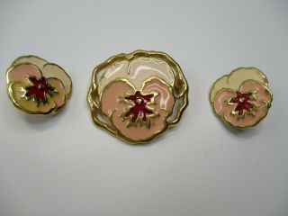 Vintage Avon Goldtone Enamel Pansy Flower Brooch Clip Earring Set