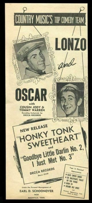 1952 Lonzo And Oscar Photo Honky Tonk Sweetheart Vintage Trade Print Ad