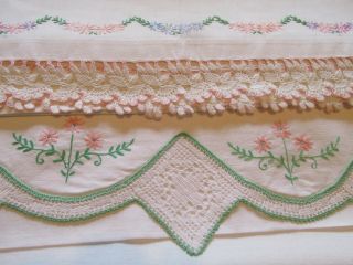 Two Vintage Hand Embroidered Pillow Cases - Hand Crochet Lace Edges