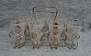 Set 8 Vintage 8 Oz White Gold Clear Glass 5 " Social Glasses W Wire Rack S/h