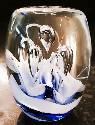 Vintage Art Glass Blue White Elongated Teardrop Controlled Bubbles Paperweight