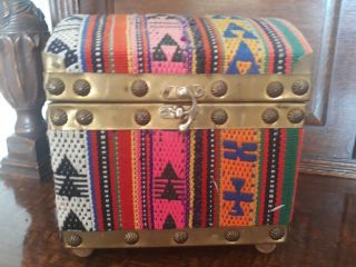 A Vintage Wood And Brass Chest Box With Wool Kilim Style Covering