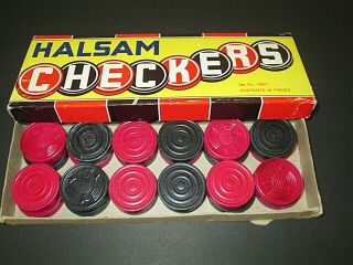 Halsam Vintage Wood 24 - Pc Checkers Set American Embossed No.  145h