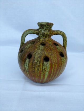 Vintage Pottery Flower Frog Vase With Handles