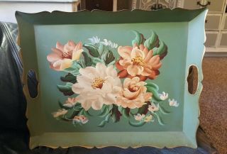 Toleware Metal Vintage Tray Hand Painted Floral Roses On Green 16.  75 X 13.  5 "