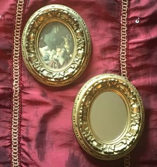 Vintage Small Gold Oval Italy Mirror And Framed Fruit Print Set Ornate Regency