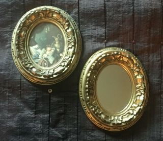 Vintage small Gold oval Italy mirror and framed fruit print set ornate regency 2