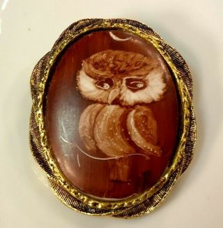 Vintage Owl Brooch Pendant Painted Brown Porcelain Gold Tone Frame Heavy