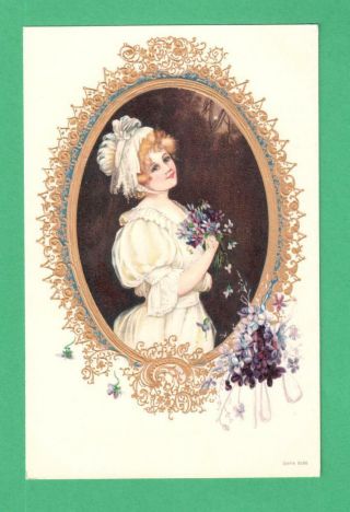 Early Vintage Portrait Art Postcard Lady Flowers