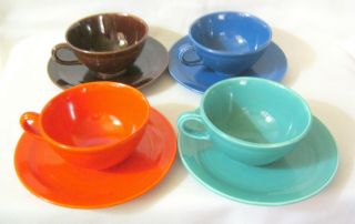 Vintage Vernon Kilns Early California Multi Solid Color Cup & Saucer Set Of 4