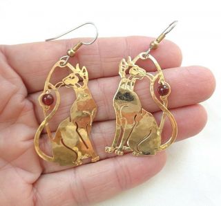 Vintage Wild Bryde Gold Tone Carnelian Stone Cat Dangle Earrings