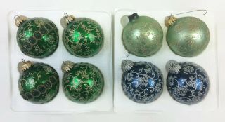 Christmas By Krebs Vintage Green Blue Glitter Stencil Glass 8 Ornaments W/ Boxes