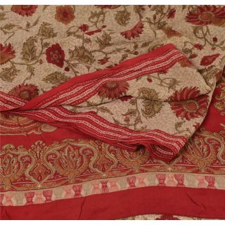 Sanskriti Vintage Cream Saree 100 Pure Crepe Silk Fabric Printed Sari Craft