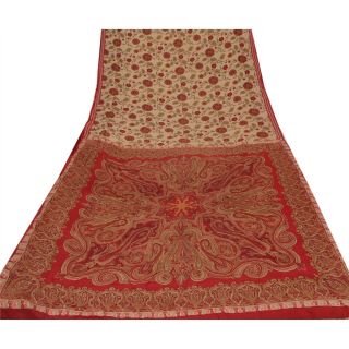 Sanskriti Vintage Cream Saree 100 Pure Crepe Silk Fabric Printed Sari Craft 3