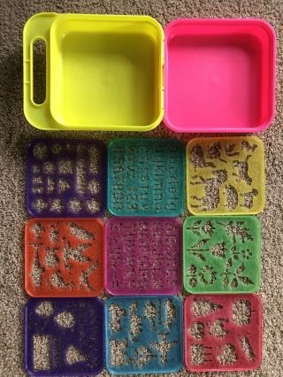 Vintage Tupperware Tuppertoy Neon Yellow Pink Case School Box Art Set 9 Stencils
