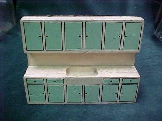 Antique 1920 1930s Doll House Kitchen Wall Cupboard With Sink Large Size Painted