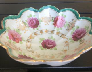 Vintage 3 Footed Nut Dish Bowl Hand Painted Floral Pink Roses Flowers