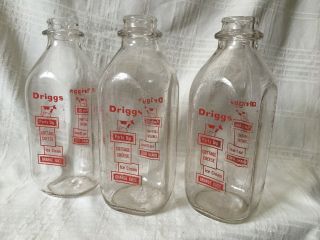 3 Vintage Quart Milk Bottles Driggs Dairy Palmyra Michigan Toledo Ohio Bottle