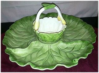 Vintage Fitz & Floyd Cabbage Leaf 13.  5 " Divided Chip/veggie Green Onion Dip Set