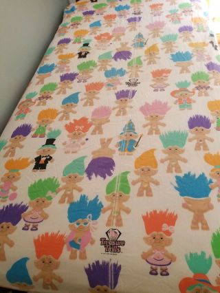 Vintage Treasure Trolls Fitted Twin Bed Sheet 1992 Ace Novelty Fabric Crafts 90s